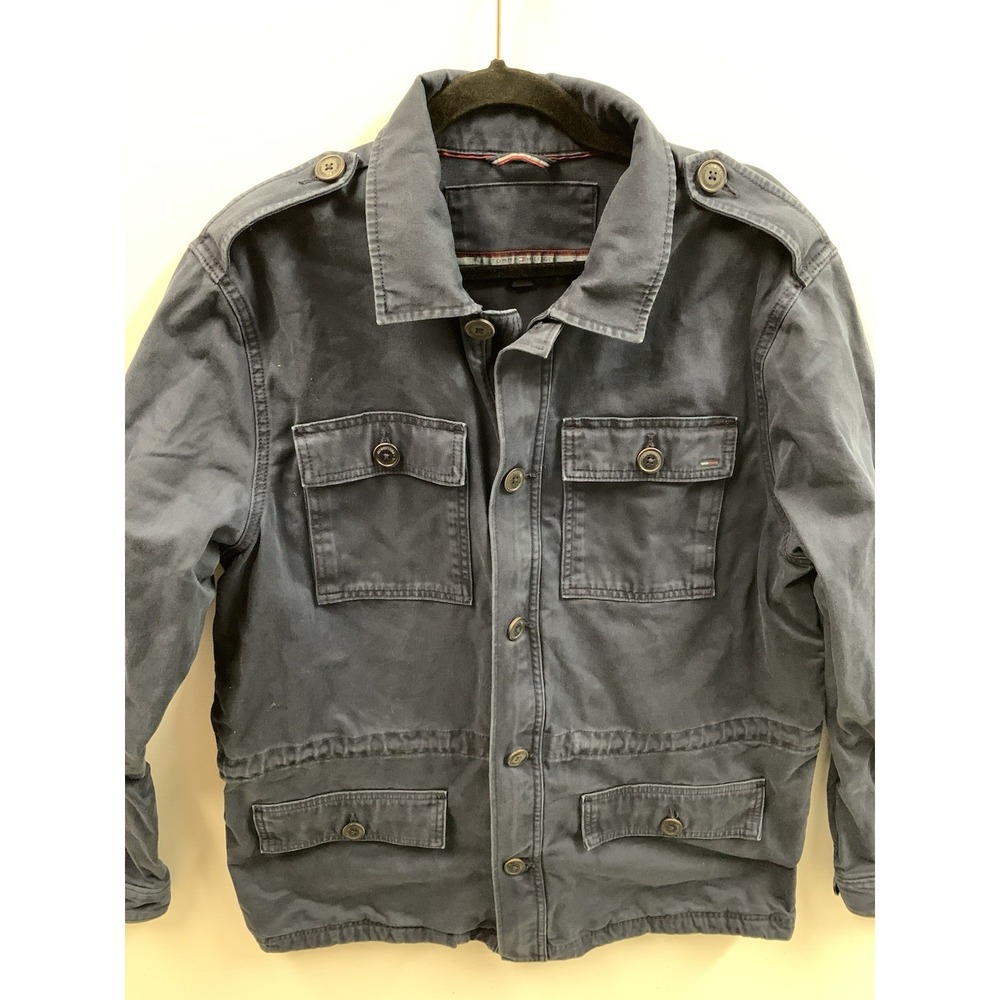 VTG Y2K Utility Jacket Large Tommy Hillfiger Navy Button &‎ Drawstring MILITARY